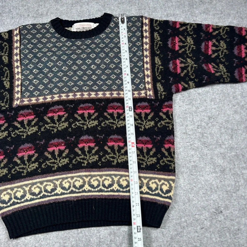 Vintage The Import Workshop Sweater Mens Small Black Floral Fair Isle Knit 90s - Picture 3 of 12